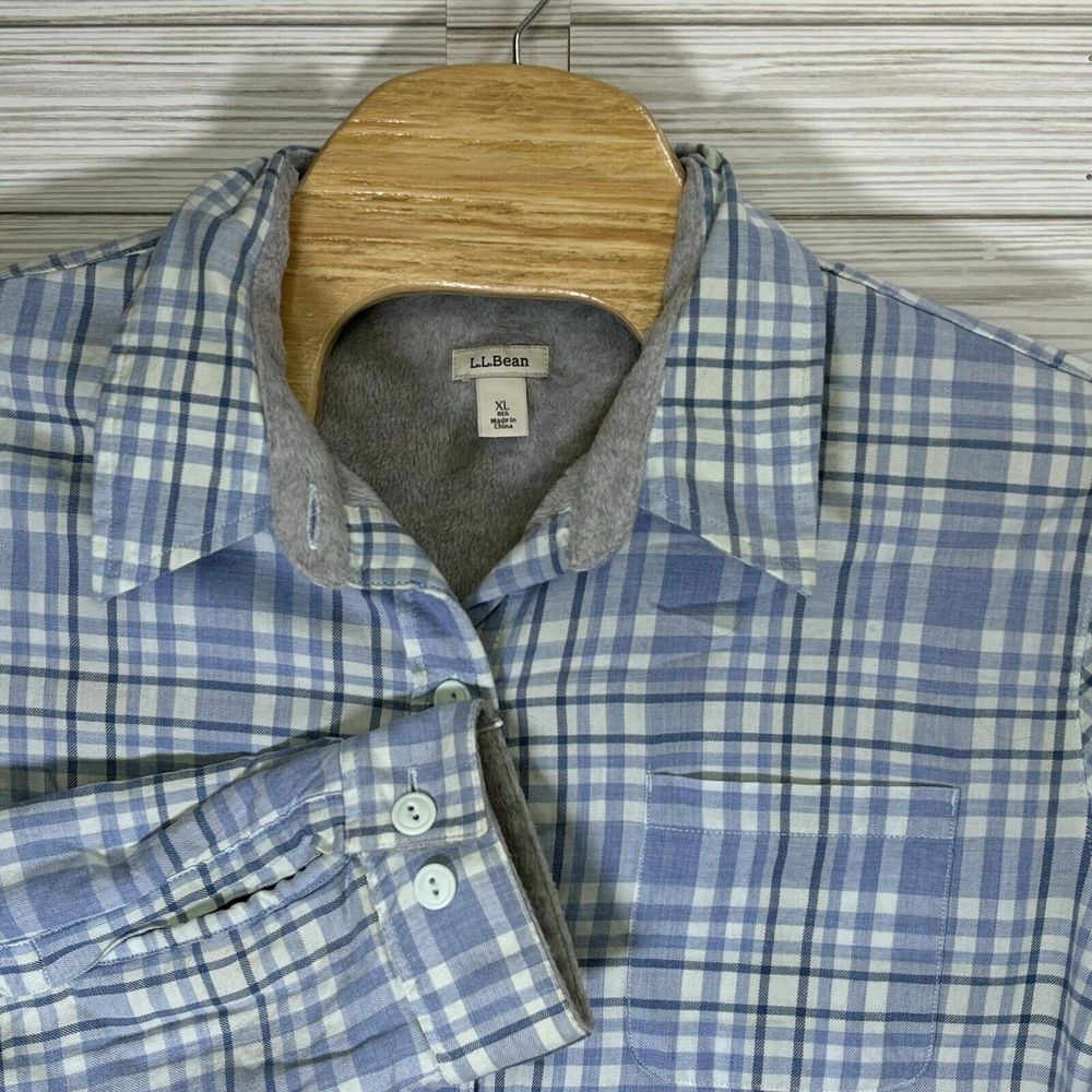 L.L. Bean Women's Button Down Shacket Sz XL Blue Plaid Fleece Lined Cotton